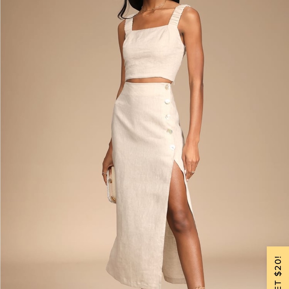 Lulus (Caught in Cannes, Beige high waisted skirt and matching top)